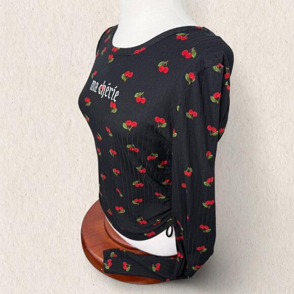 Y2K Rue21 Cherry Print “Ma Chérie” Ruched Long Sleeve Top Size M Grunge Punk‎ - Picture 4 of 8